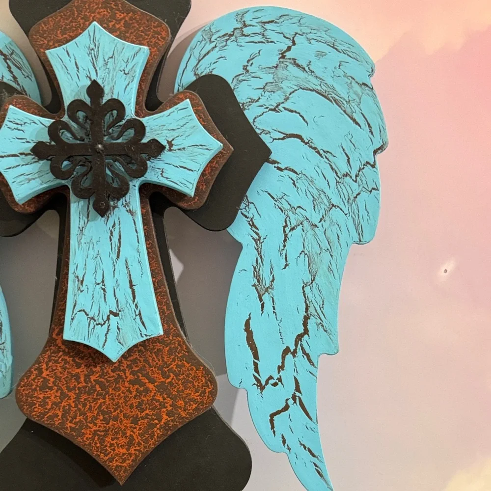 Wooden Angel Wings Cross Blue, Brown and Black Cross With Wings Wall Decor